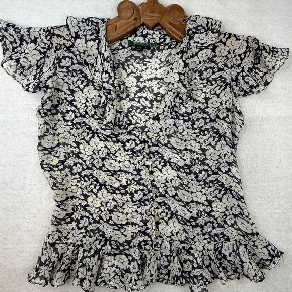 Lauren Ralph Lauren Tops - Lauren Ralph Lauren Silk Floral Ruffle Blouse Peplum Top siren sz4 -faint spots‎